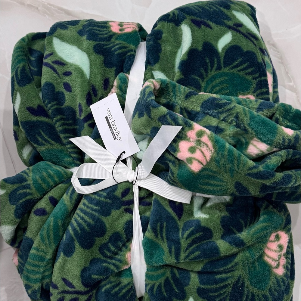 Vera Bradley Green Floral Plush Throw with Pink Accents